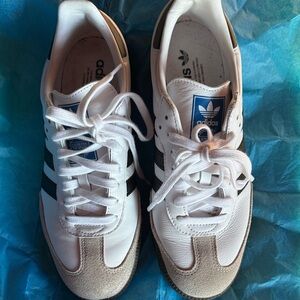 adidas Samba OG White Sneakers Black Stripes Tan Suede Accents Women’s U.S 9